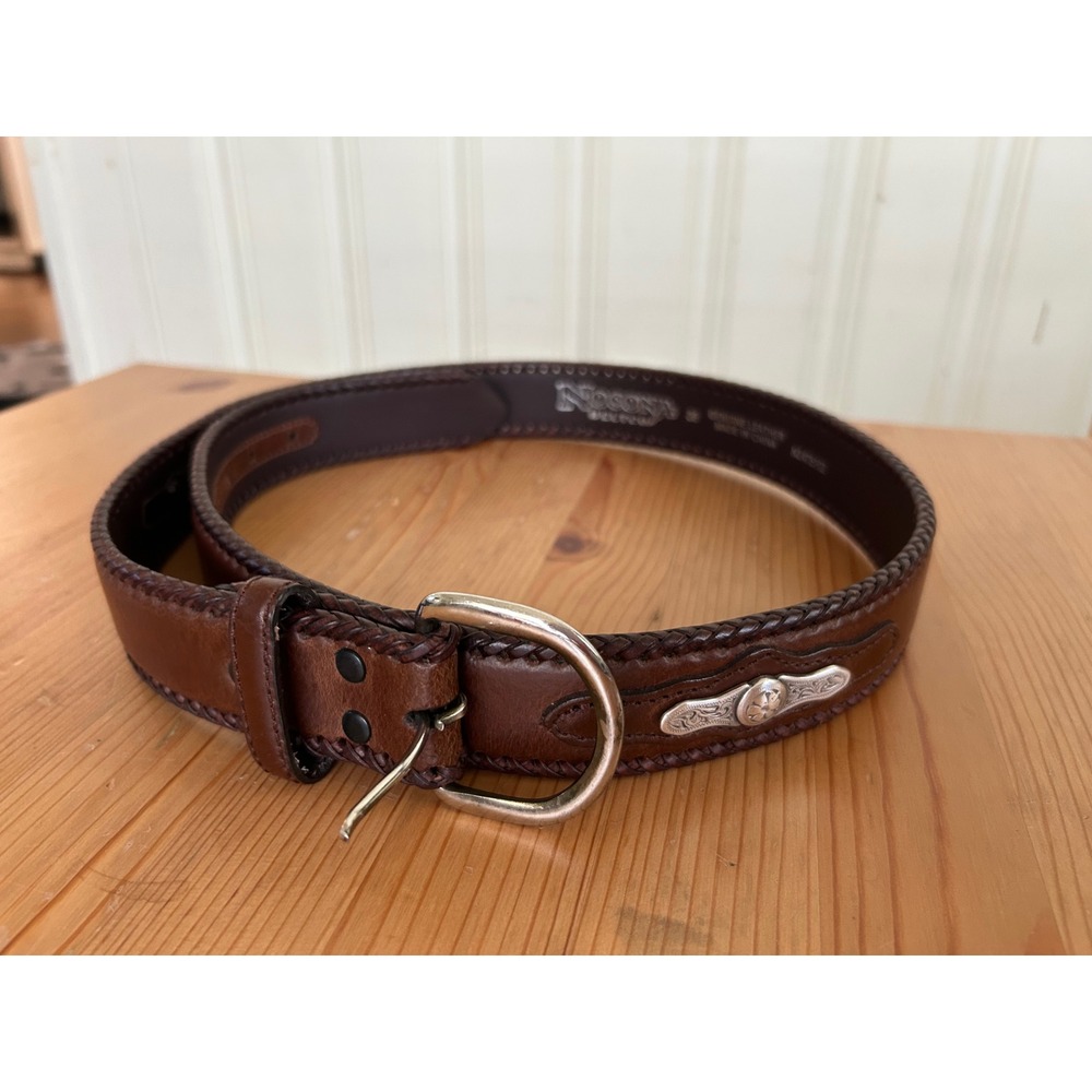 Nocona Belt Co Mens Brown Leather Western Belt Silver Concho Braided Edge 38